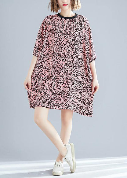 Elegant o neck Batwing Sleeve Cotton blended Korea Neckline pink Leopard daily Dress Summer - SooLinen