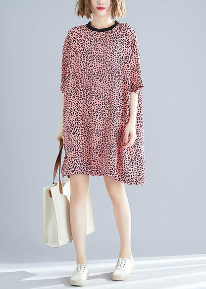 Elegant o neck Batwing Sleeve Cotton blended Korea Neckline pink Leopard daily Dress Summer - SooLinen