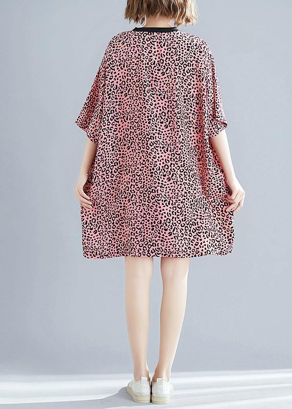 Elegant o neck Batwing Sleeve Cotton blended Korea Neckline pink Leopard daily Dress Summer - SooLinen