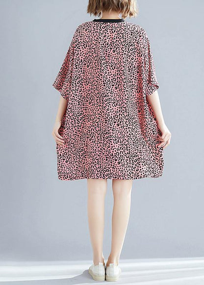 Elegant o neck Batwing Sleeve Cotton blended Korea Neckline pink Leopard daily Dress Summer - SooLinen