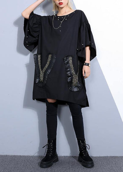 Elegant o neck Batwing Sleeve Cotton clothes Stitches Fashion Ideas black Dress Summer - SooLinen