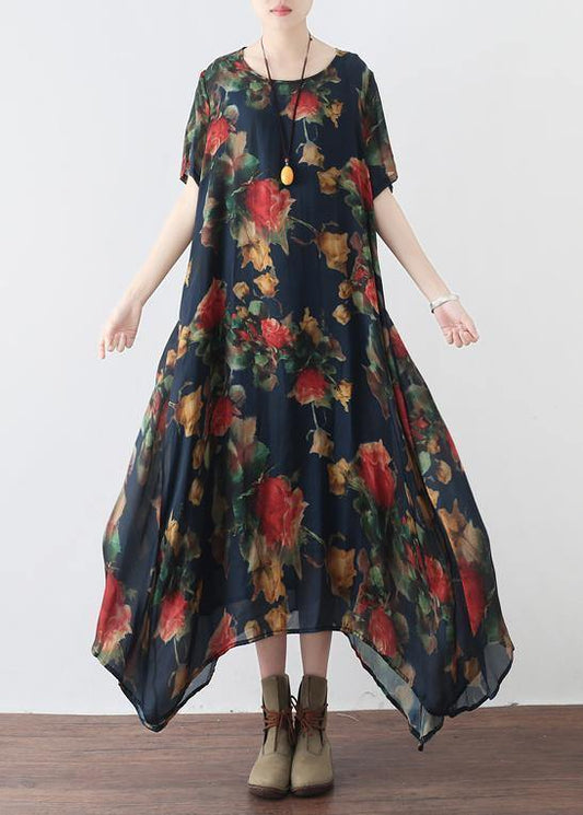 Elegant o neck asymmetric summer outfit Sewing black print Traveling Dress - SooLinen