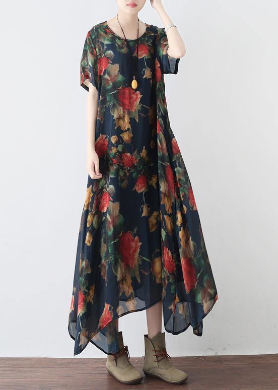 Elegant o neck asymmetric summer outfit Sewing black print Traveling Dress - SooLinen