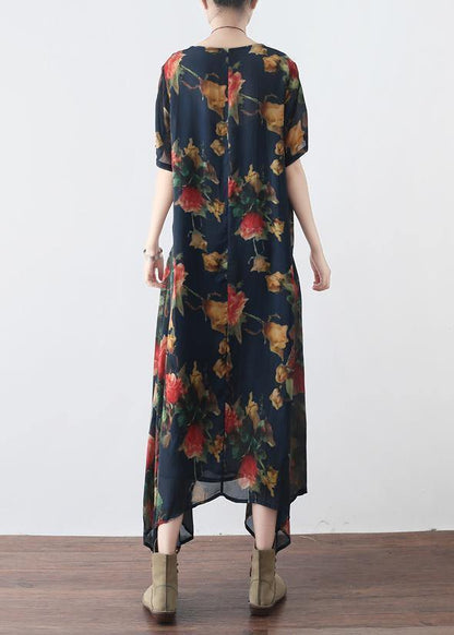 Elegant o neck asymmetric summer outfit Sewing black print Traveling Dress - SooLinen