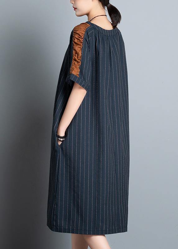 Elegant o neck patchwork cotton quilting clothes Shape black striped Dress summer - SooLinen