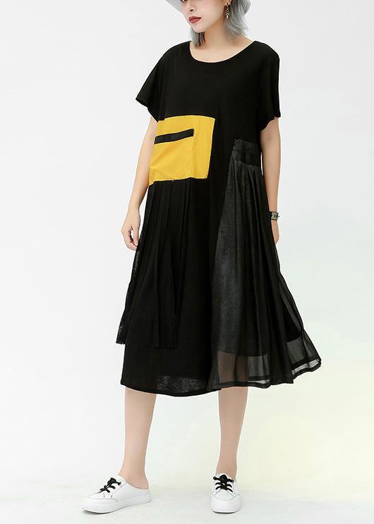 Elegant o neck patchwork pockets cotton Women Outfits yellow Dress summer - SooLinen