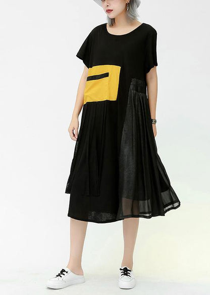 Elegant o neck patchwork pockets cotton Women Outfits yellow Dress summer - SooLinen