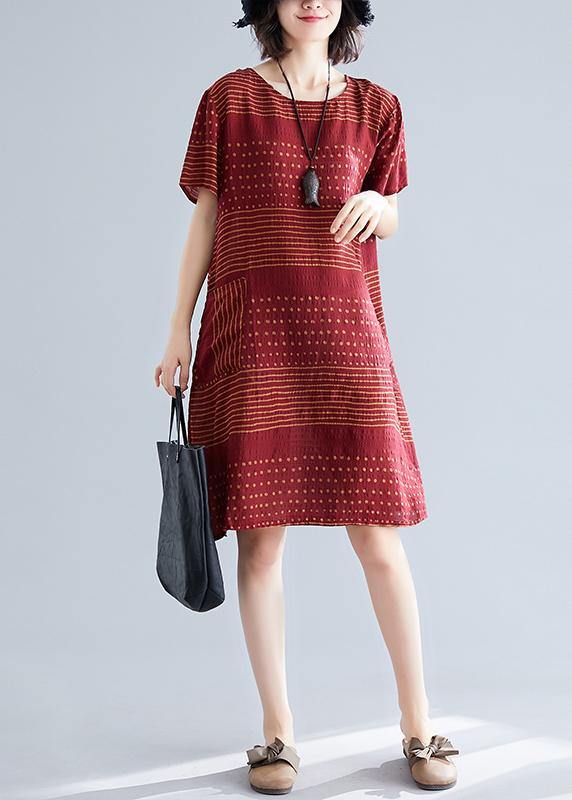 Elegant o neck pockets Cotton quilting dresses Runway burgundy dotted Dress - SooLinen
