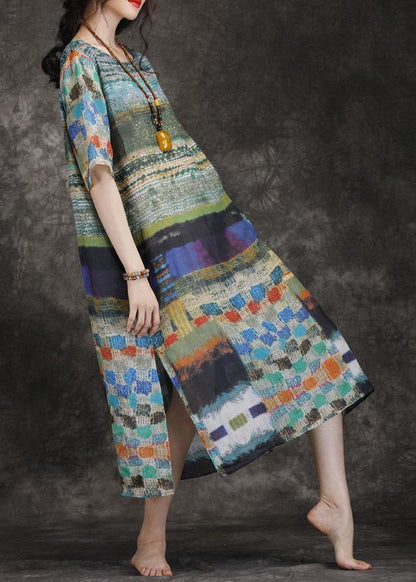 Elegant o neck side open linen multicolor Dresses summer - SooLinen