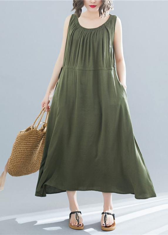 Elegant o neck sleeveless cotton Tunics Wardrobes army green Dress summer - SooLinen
