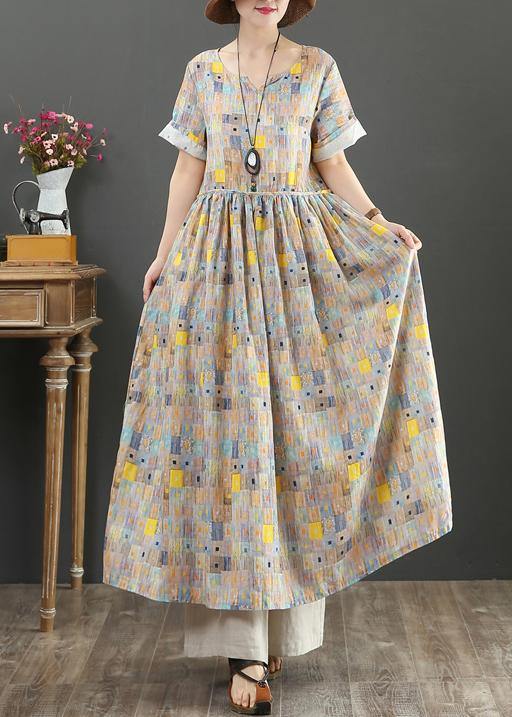 Elegant o neck Cinched cotton Robes Catwalk khaki print Dress - SooLinen