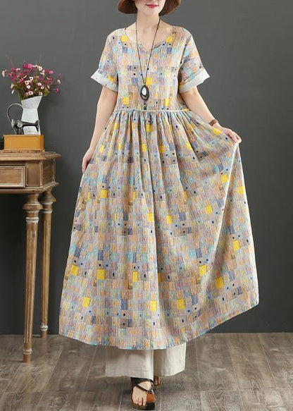 Elegant o neck Cinched cotton Robes Catwalk khaki print Dress - SooLinen