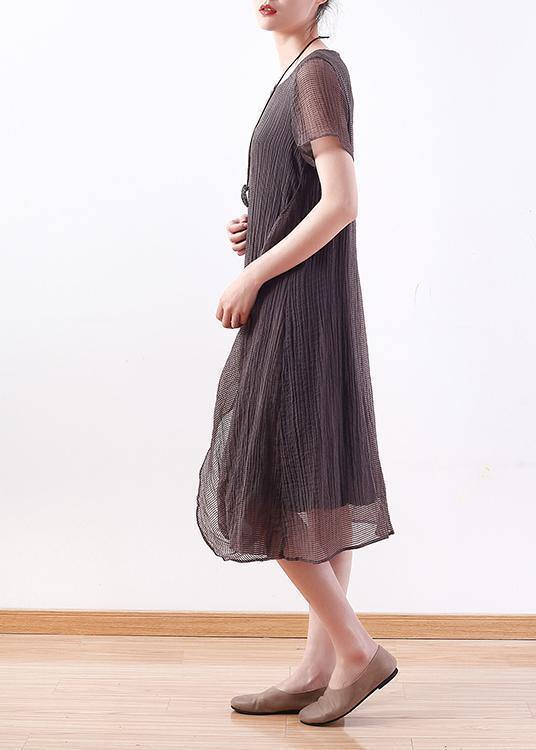 Elegant o neck Cinched linen clothes Photography gray Dresses - SooLinen