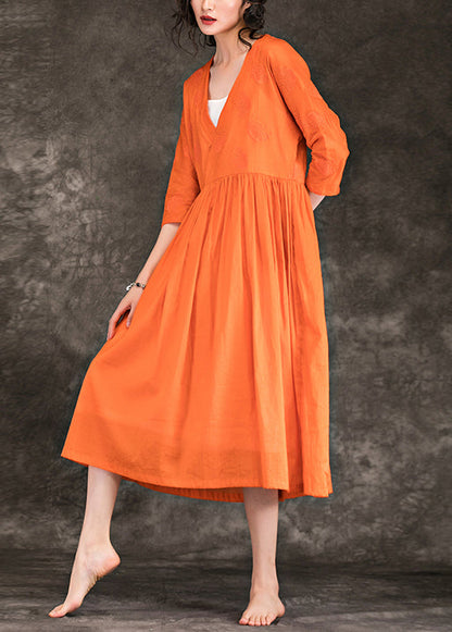 Elegant orange cotton linen Robes Vintage Inspiration v neck embroidery Robe Summer Dresses