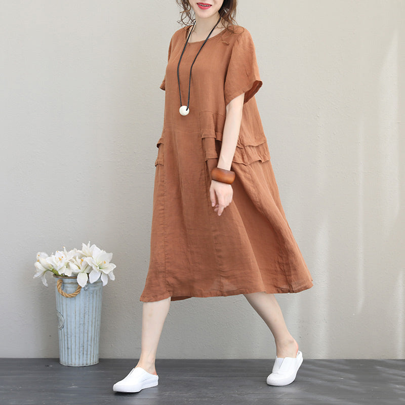 Elegant orange khaki linen shift dresses oversized linen cotton dress 2018 o neck patchwork cotton dresses