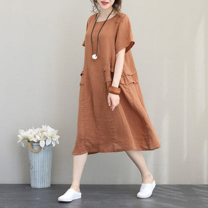 Elegant orange khaki linen shift dresses oversized linen cotton dress 2018 o neck patchwork cotton dresses