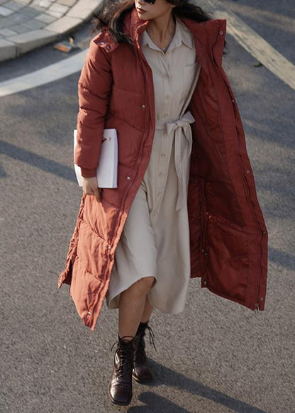 Elegant oversized warm winter coat outwear burgundy hooded zippered winter outwear - SooLinen