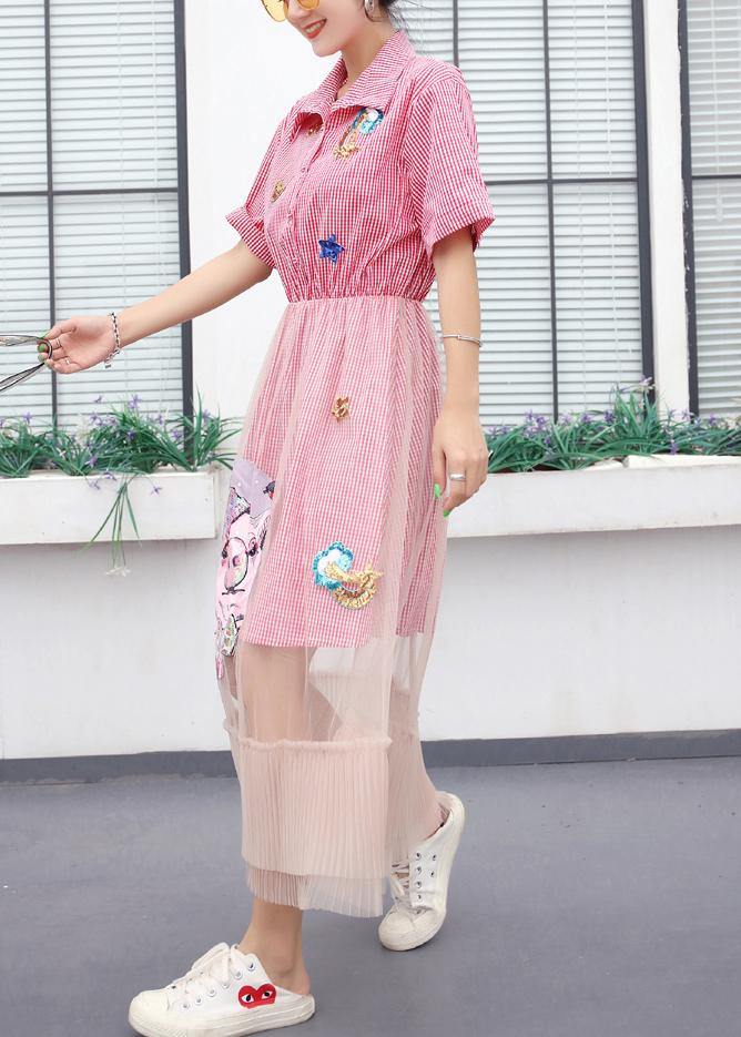 Elegant patchwork tulle cotton quilting clothes Tunic Tops pink plaid Maxi Dresses summer - SooLinen