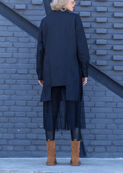 Elegant patchwork tulle cotton tunic pattern Sewing black loose Dress lapel - SooLinen