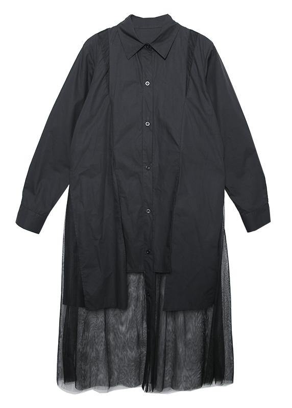 Elegant patchwork tulle cotton tunic pattern Sewing black loose Dress lapel - SooLinen