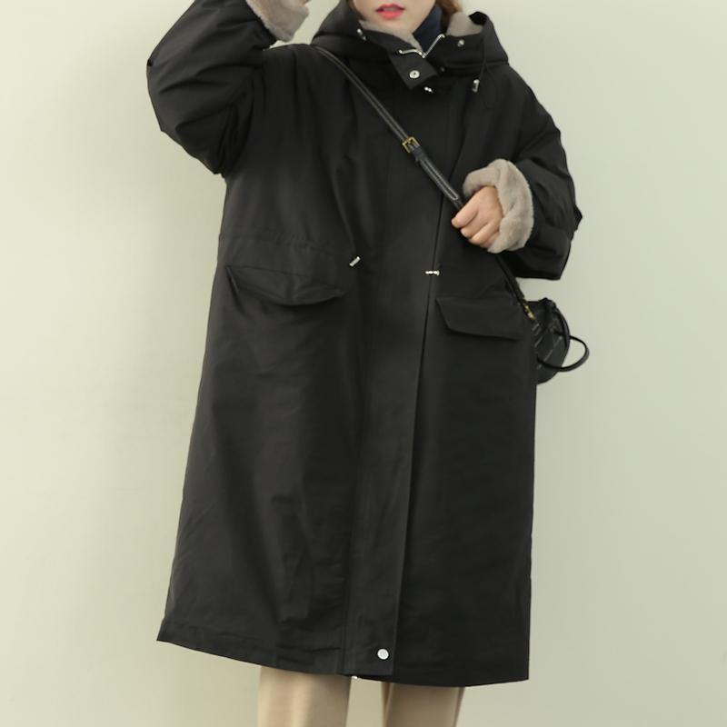 Elegant plus size clothing winter coats black hooded zippered Parkas for women - SooLinen