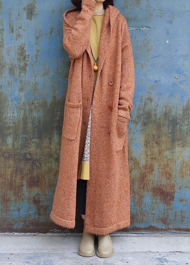 Elegant plus size maxi coat hooded jackets yellow double breast wool overcoat - SooLinen