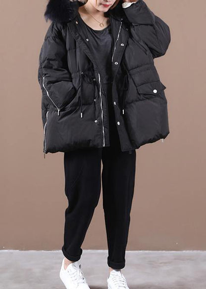 Elegant plus size snow jackets black hooded fur collar warm winter coat - SooLinen