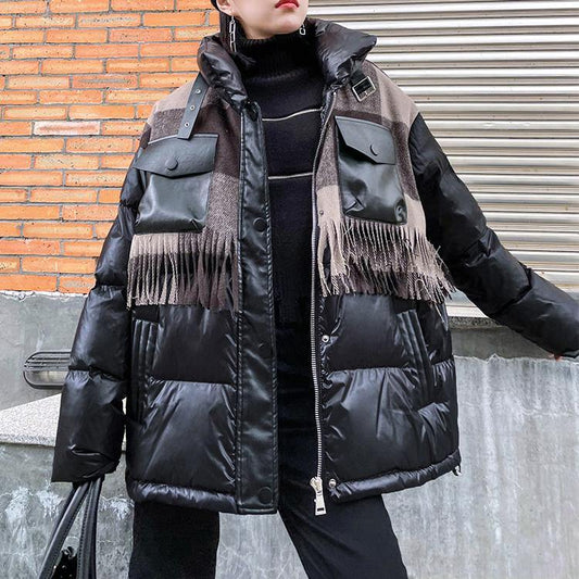 Elegant plus size snow jackets winter coats black patchwork plaid lapel coat - SooLinen