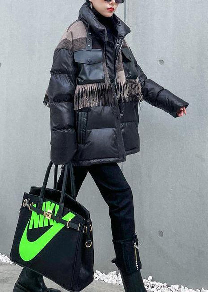 Elegant plus size snow jackets winter coats black patchwork plaid lapel coat - SooLinen