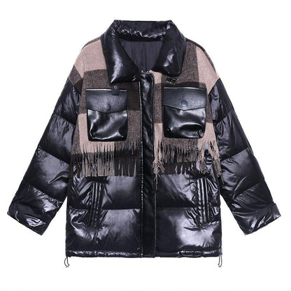 Elegant plus size snow jackets winter coats black patchwork plaid lapel coat - SooLinen