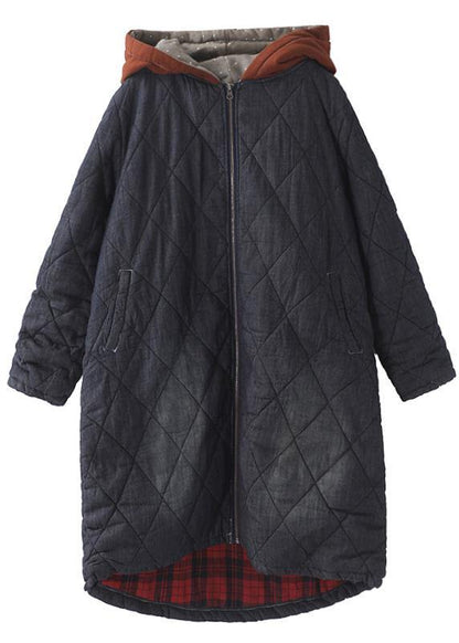 Elegant plus size warm winter coat hooded winter outwear black embroidery casual outfit - SooLinen