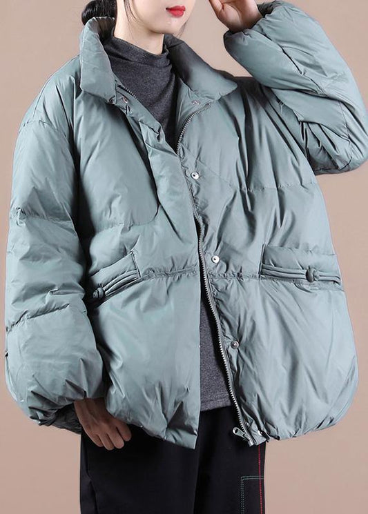 Elegant plus size winter outwear gray green stand collar Chinese Button warm winter coat - SooLinen