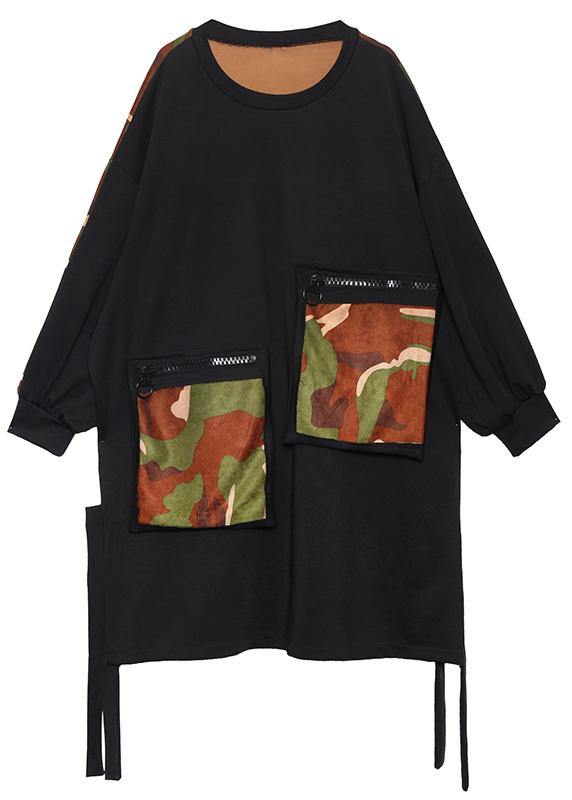 Elegant pockets side open Cotton dresses Shirts black patchwork camouflage Dresses - SooLinen