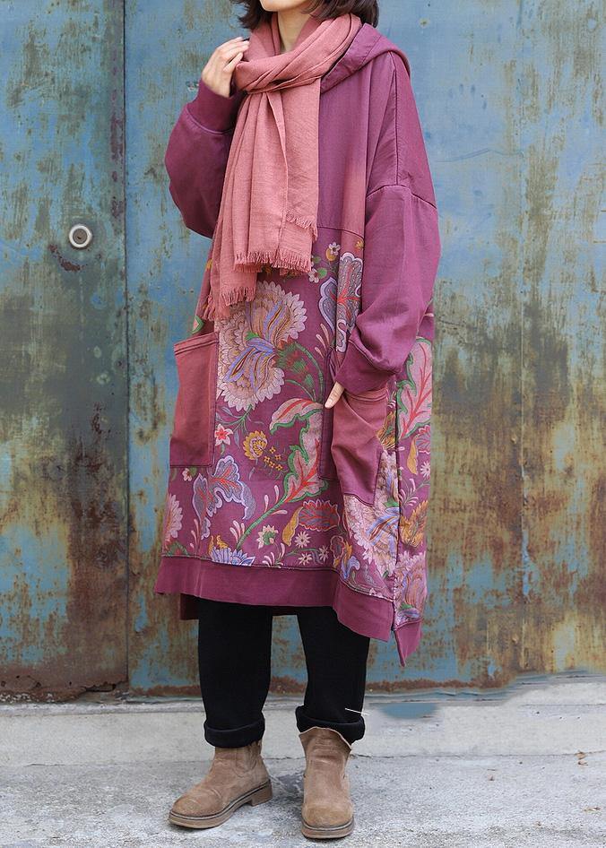 Elegant purple cotton Tunics prints long big pockets Dress - SooLinen