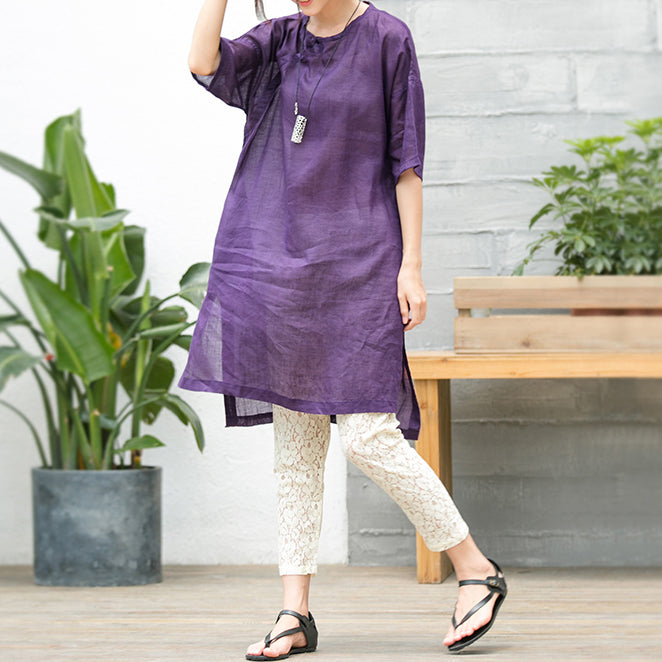 Elegant purple natural cotton linen dress oversize traveling clothing Fine short sleeve O neck a line skirts cotton linen dress