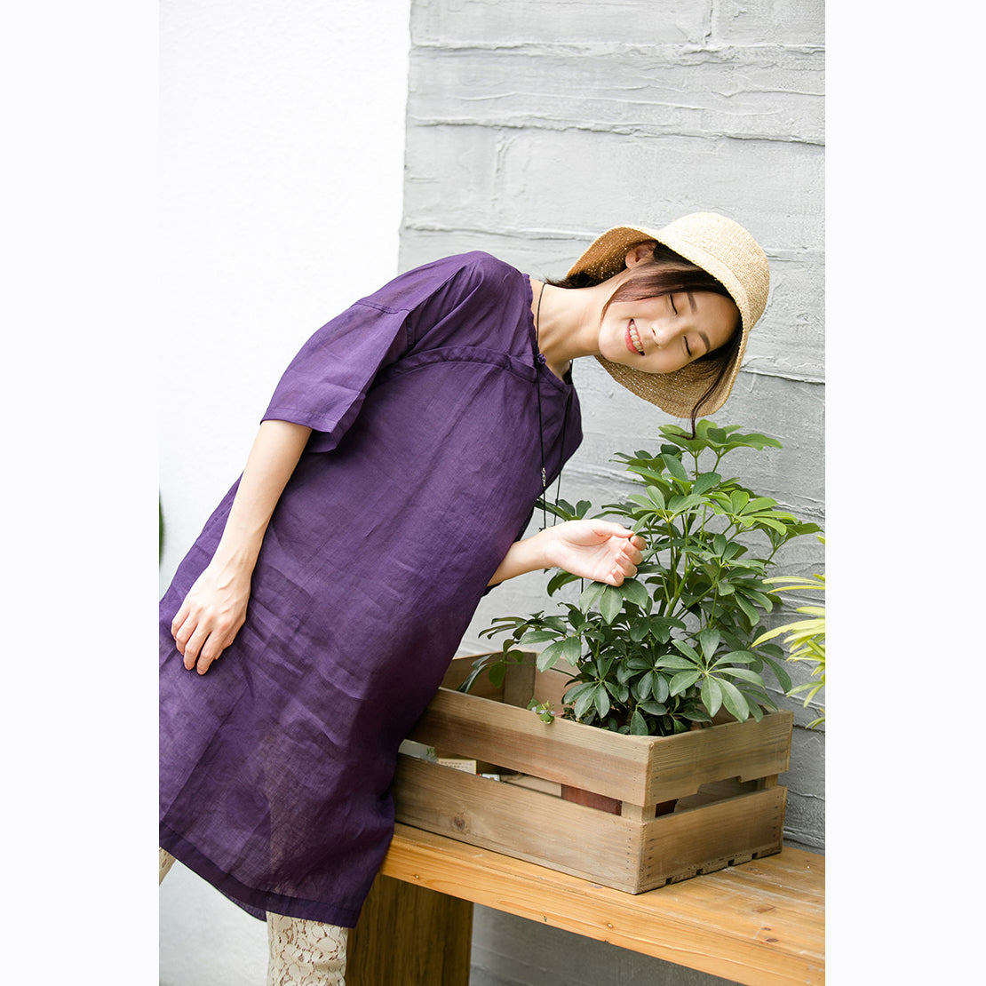 Elegant purple natural cotton linen dress oversize traveling clothing Fine short sleeve O neck a line skirts cotton linen dress