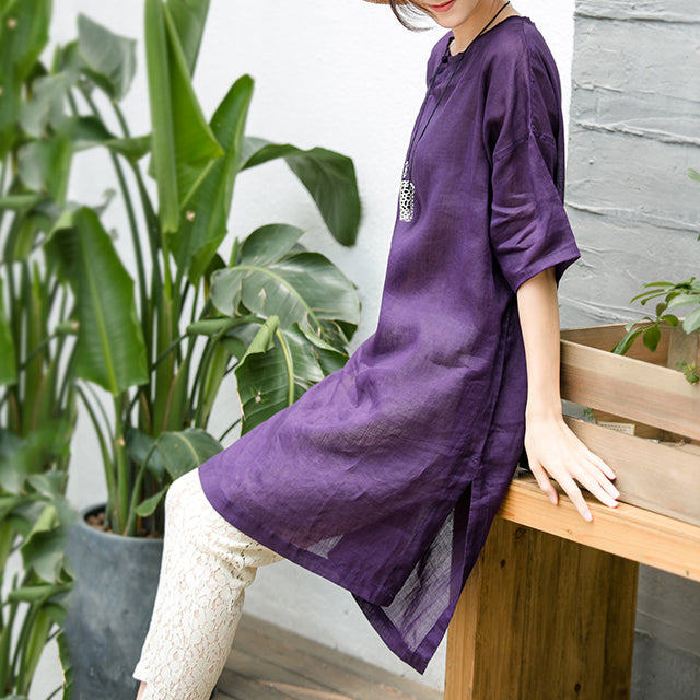 Elegant purple natural cotton linen dress oversize traveling clothing Fine short sleeve O neck a line skirts cotton linen dress