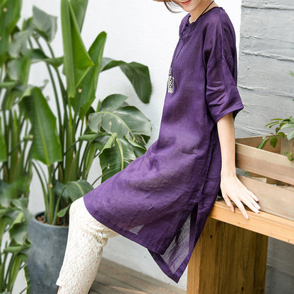 Elegant purple natural cotton linen dress oversize traveling clothing Fine short sleeve O neck a line skirts cotton linen dress