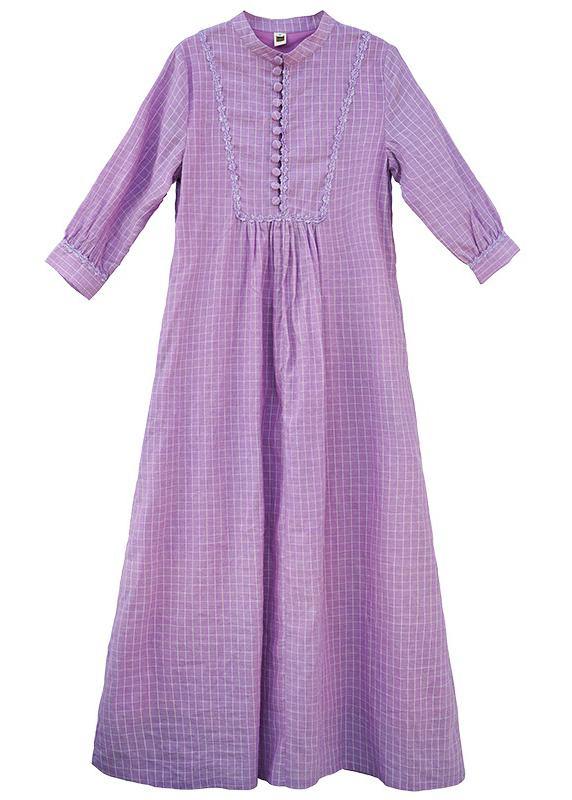 Elegant purple plaid dress stand collar pockets A Line spring Dress - SooLinen