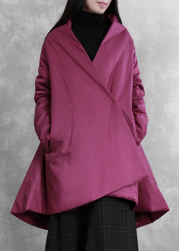 Elegant purple winter outwear casual snow v neck asymmetric coats - SooLinen