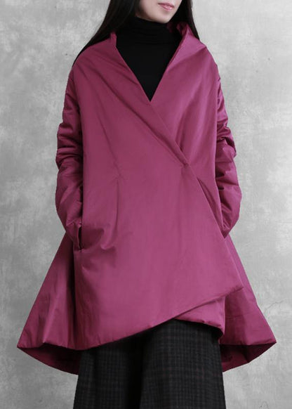 Elegant purple winter outwear casual snow v neck asymmetric coats - SooLinen