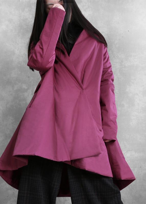 Elegant purple winter outwear casual snow v neck asymmetric coats - SooLinen