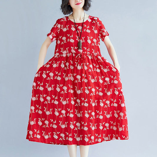 Elegant red Midi-length cotton blended dress Loose fitting traveling clothing New short sleeve print drawstring clothing dress