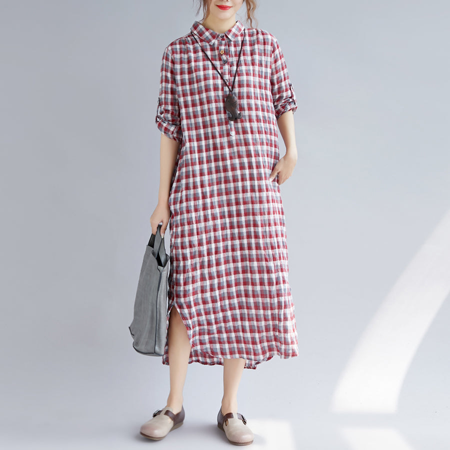 Elegant red Plaid cotton maxi shirt dress oversize Turn-down Collar gown 2018 long sleeve side open cotton shirt dresses