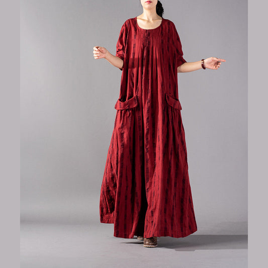 Elegant red Plaid long oversized o neck baggy linen maxi dress vintage pockets kaftans
