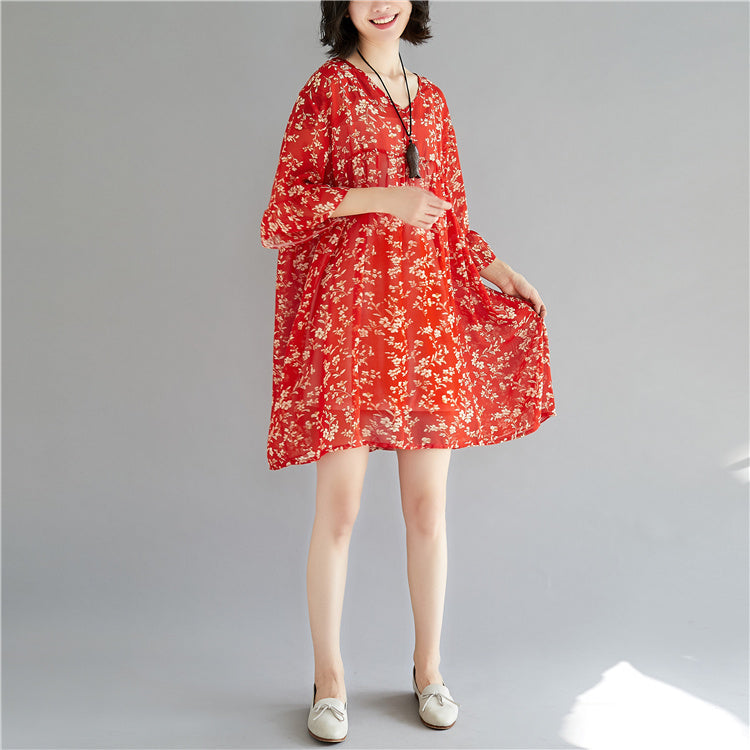 Elegant red chiffon dress o neck long sleeve party dress print baggy dresses chiffon dress
