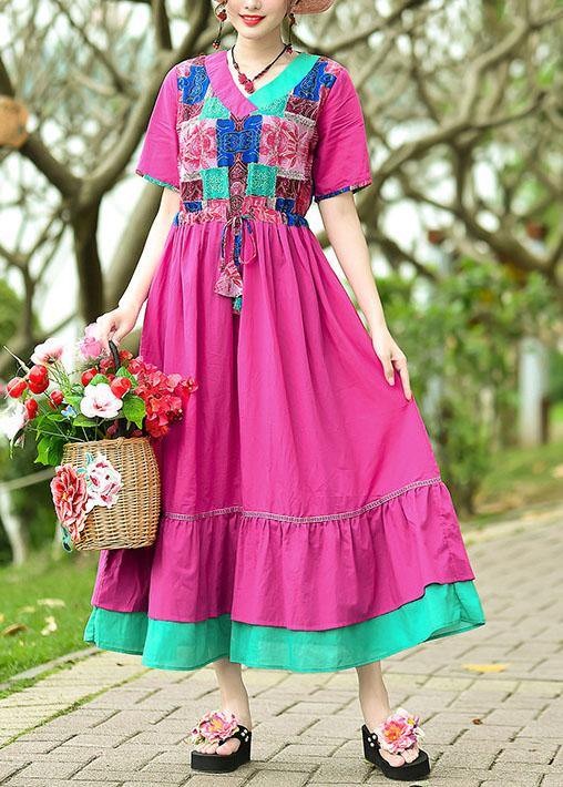 Elegant rose cotton clothes v neck patchwork Maxi summer Dresses - SooLinen