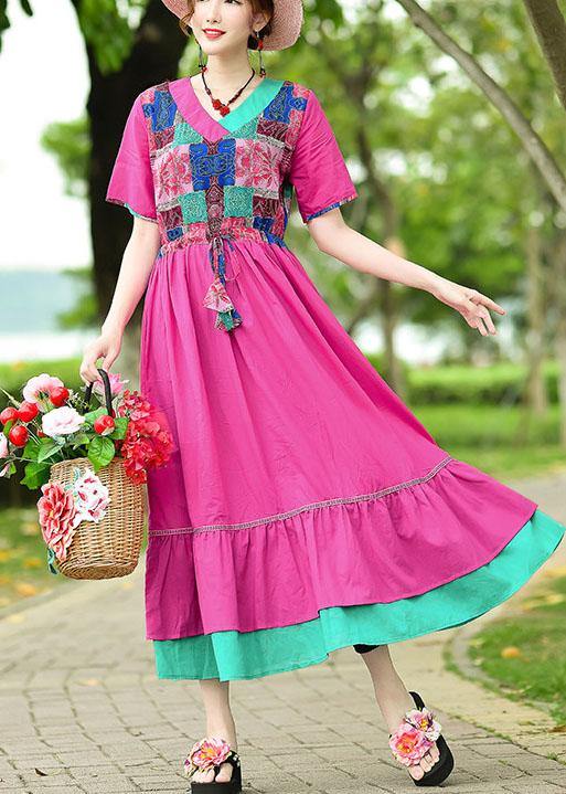 Elegant rose cotton clothes v neck patchwork Maxi summer Dresses - SooLinen