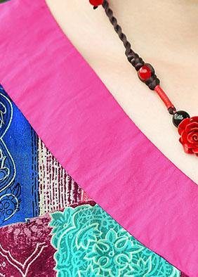 Elegant rose cotton clothes v neck patchwork Maxi summer Dresses - SooLinen