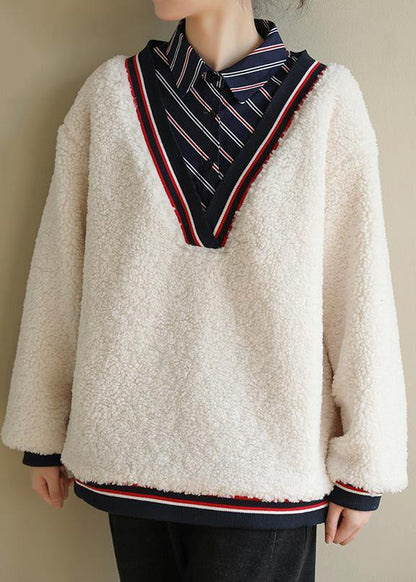 Elegant shirt collar cotton patchwork Blouse Shape white top - SooLinen